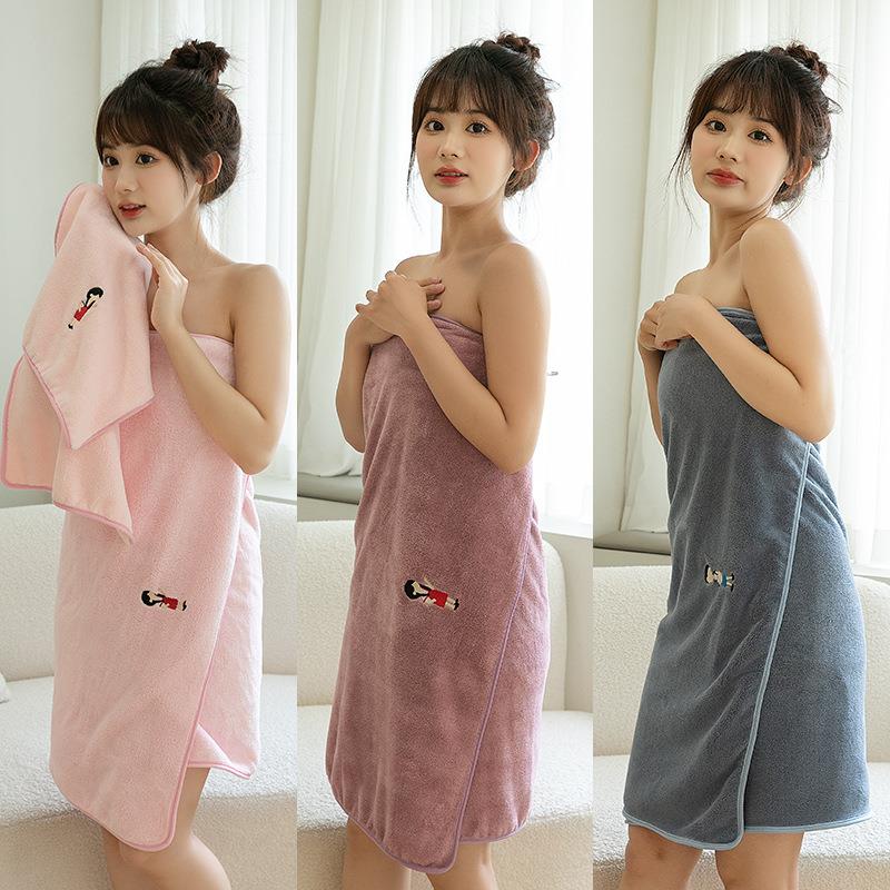 新款珊瑚绒刺绣浴巾一家人可裹可穿薄款女家用吸水速干洗澡大毛巾