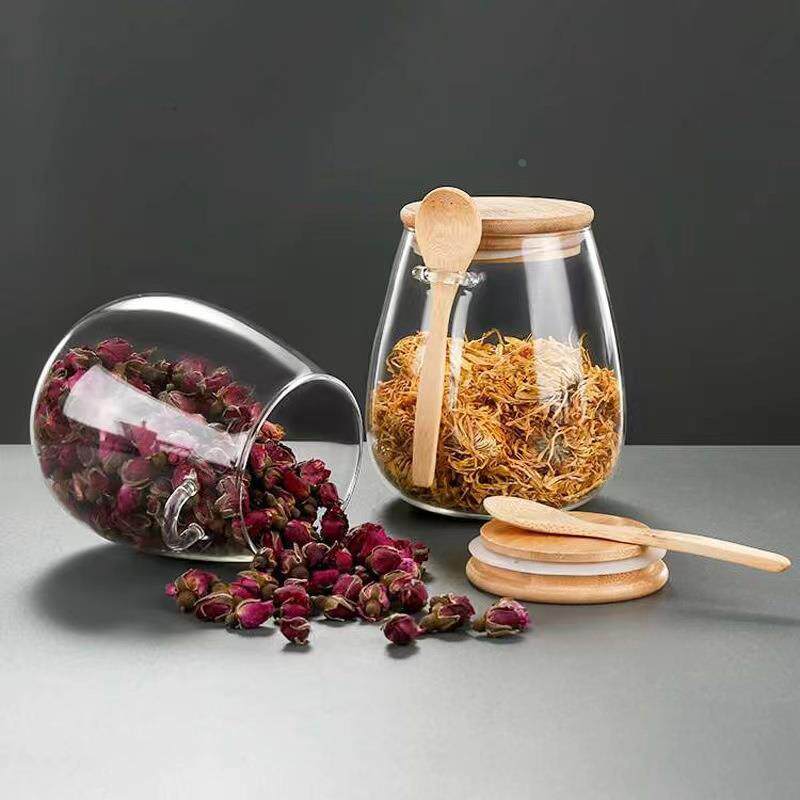 玻璃储物罐大容量带勺子咖啡豆竹盖零食罐厨房食品调料收纳密封罐