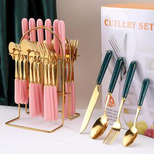 复古大理石纹不锈钢牛排刀叉 24件套餐具架礼盒套装陶瓷柄刀定制