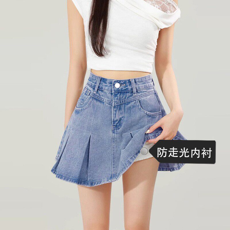 0261甜酷原宿风百褶高腰牛仔短裙女爆款春夏季新款简约牛仔半身裙