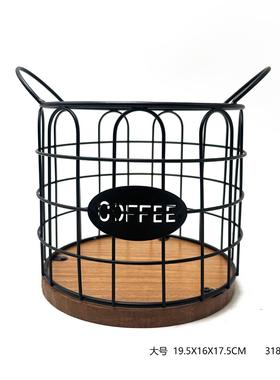 厂家直销铁木咖啡胶囊收纳篮子厨房客厅铁艺摆件影视道具摆件