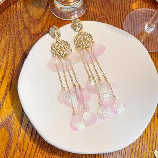 银针几何贝壳流苏耳环七彩长款文艺古典少女耳钉链式甜美超仙耳饰