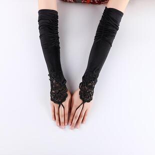 直销 新娘无指钉珠绣花婚纱礼服黑色长款褶皱蕾丝手套 L35