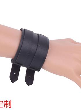 日韩时尚皮革护腕手镯表演用双扣头可调超宽手带手环定做