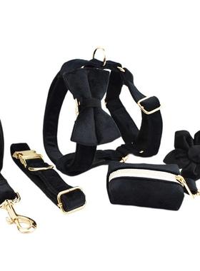 黑色天鹅绒狗项圈宠物项圈牵引绳狗绳狗链子蝴蝶结套装一件发