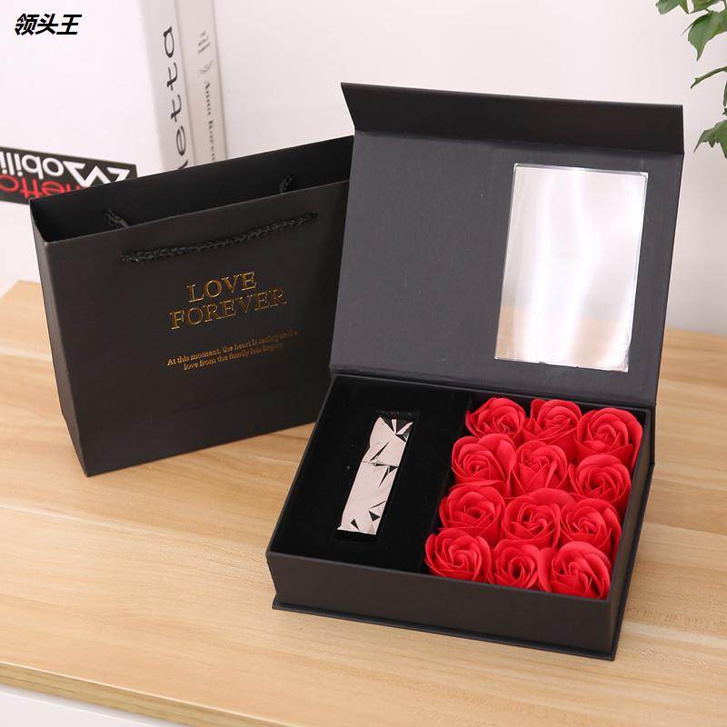 打火机礼盒12朵翻盖开窗香皂花首饰盒情人节口红玫瑰花礼品盒批发
