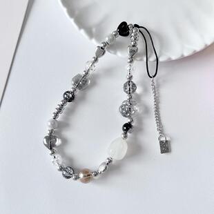 ins甜酷灰色玫瑰花手机链短款小众黑白色系复古挂绳ccd相机挂件定