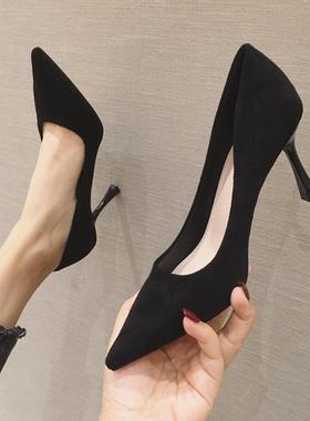 20308韩版高跟鞋女细跟绒面尖头时尚女单鞋浅口黑色工作鞋女