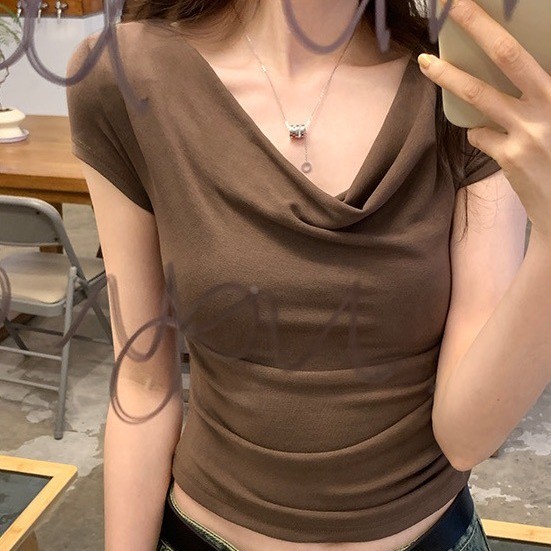 设计低领短袖t恤女夏季荡领修身显欲紧身露肩一字肩时尚上衣