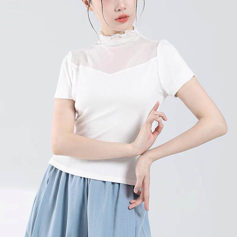 舞蹈练功服女现代古典中国舞上衣修身短袖高领拼接网纱形体训练服