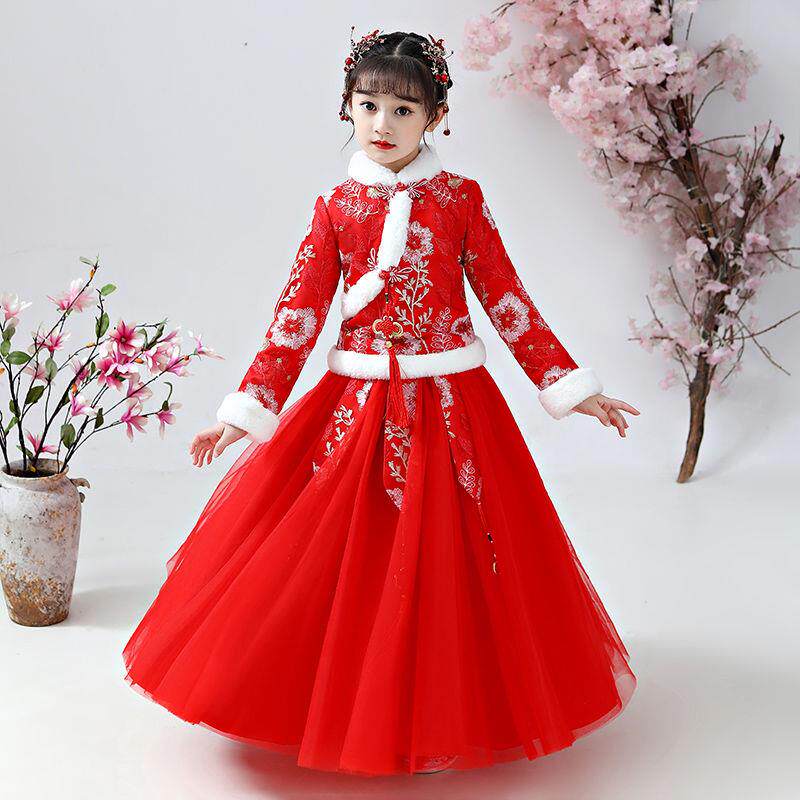 소녀의 HANFU 가을 겨울 벨벳 정장 어린이 고대 의상 요정 의상 중국 스타일 공주 스커트 당나라 정장 새해 이브 의상