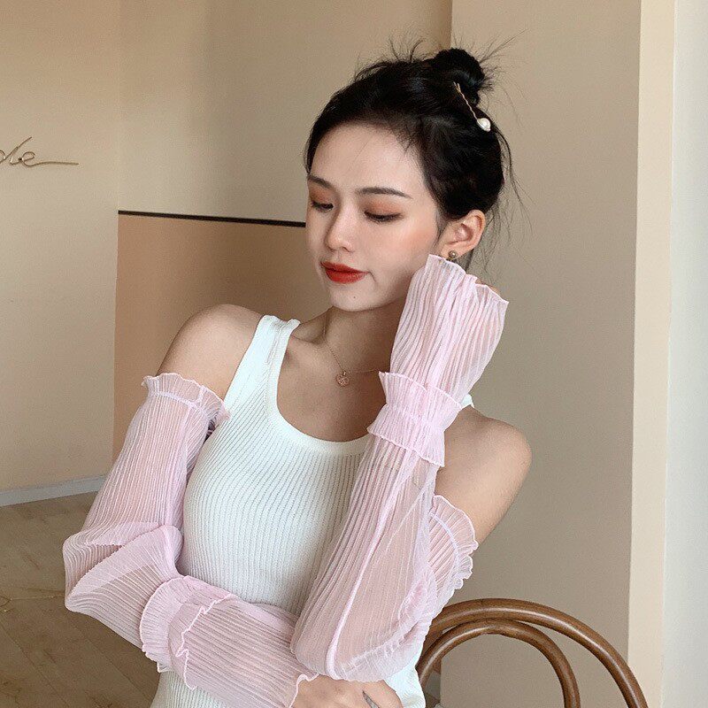 夏季女士防晒袖套 日系韩版雪纺宽松长款手臂套色遮阳冰袖女