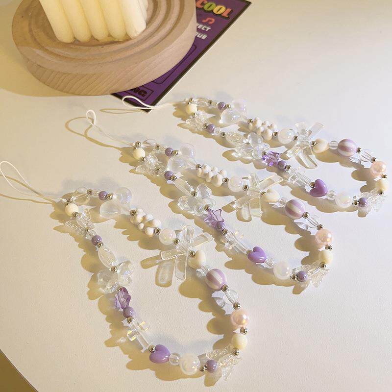 高颜值蝴蝶结爱心串珠链条挂饰手绳通用手机壳手提链手机挂绳饰品