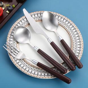 KO6M复古不锈钢牛排刀叉勺三件套家用西餐餐具套装喝汤勺圆头定制