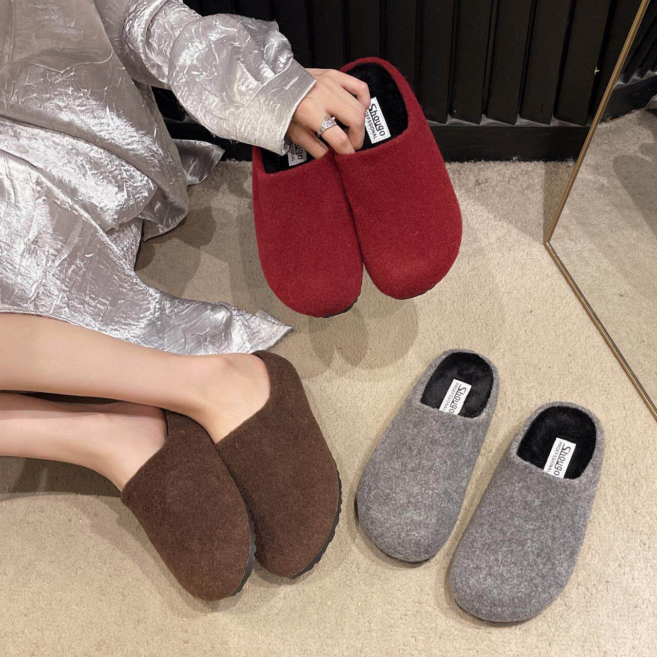 平底包头半拖鞋毛毛拖女款秋冬外穿保暖毛绒棉拖鞋勃肯女鞋