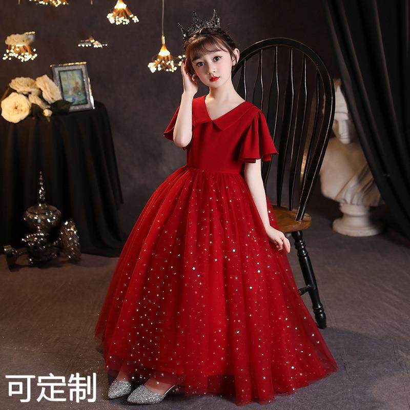 女童礼服公主裙蓬蓬纱红色儿童指挥主持人走秀钢琴演出服夏唱红歌