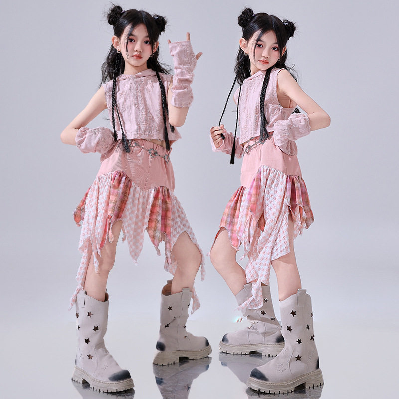 女童爵士舞服装粉色潮酷时髦舞蹈儿童走秀潮服jazz少儿六一演出服