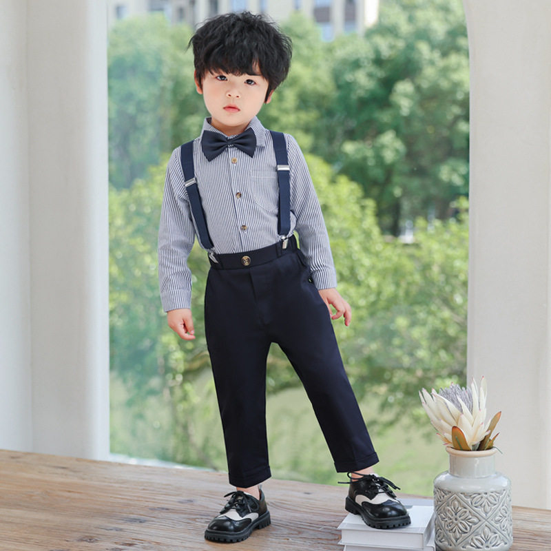 2026背带裤套装夏季男童西装条纹短袖衬衫演出儿童礼服中小童