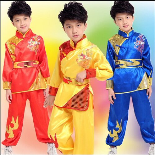 儿童武术演出服装少儿功夫服练功服腰鼓服短袖男童表演服长袖套装