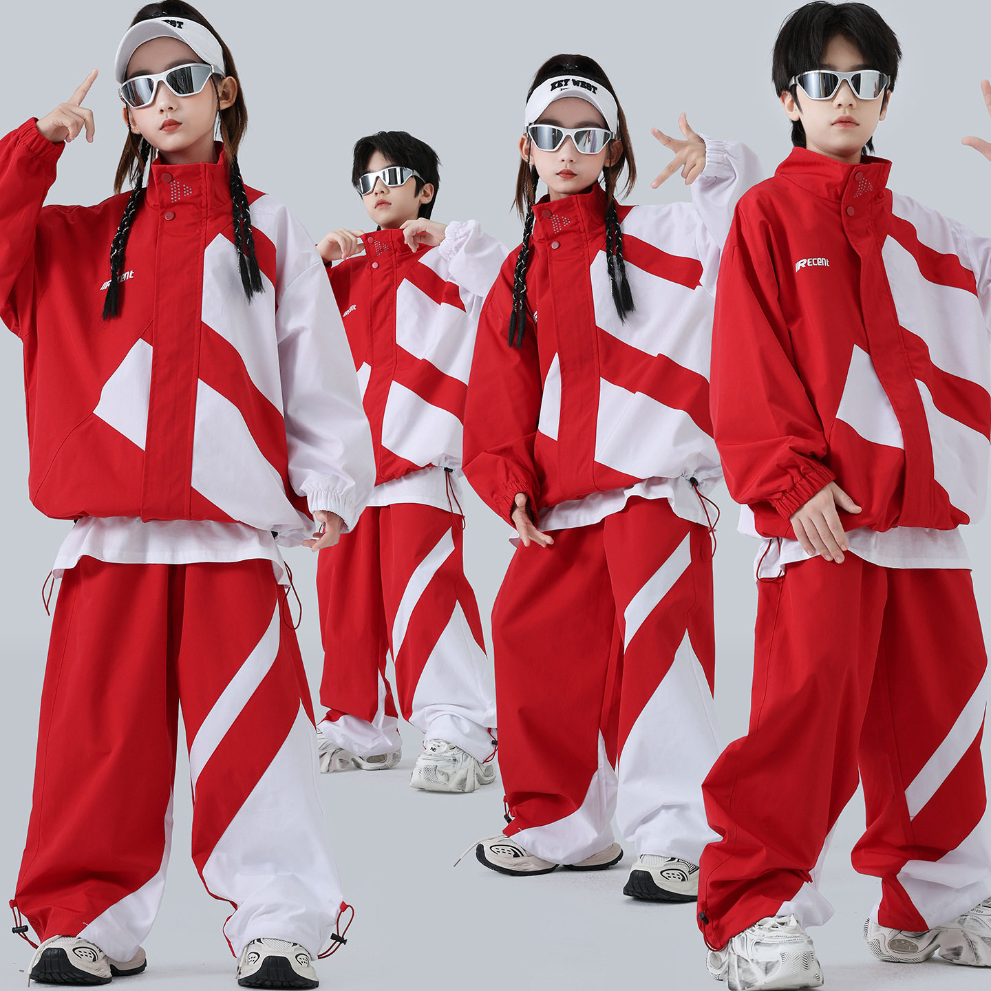 儿童街舞潮服男女童中国红嘻哈套装中小学生运动会开幕式演出班服