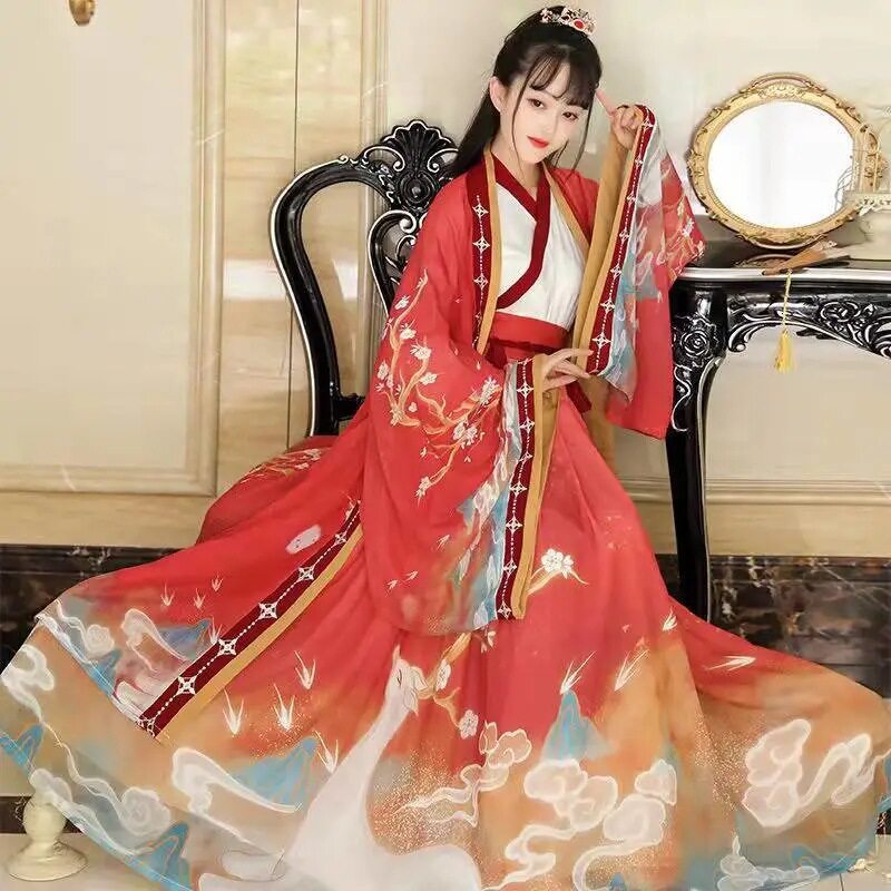汉服鹿瑶齐腰襦裙魏晋风男女古装春秋款套装情侣装红色雪纺裙国风