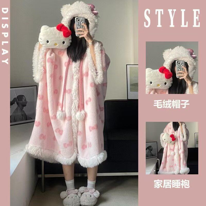 可爱猫睡袍女冬款连帽斗