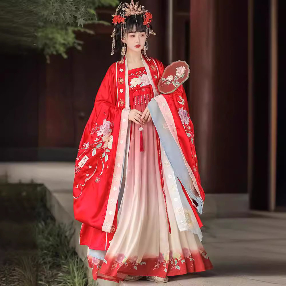 宋制汉服婚服女红色大袖