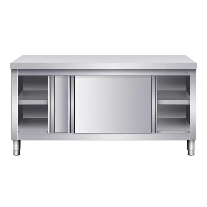 304加厚不锈钢工作台面厨房打包案板饭店拉门置物架收纳碗柜