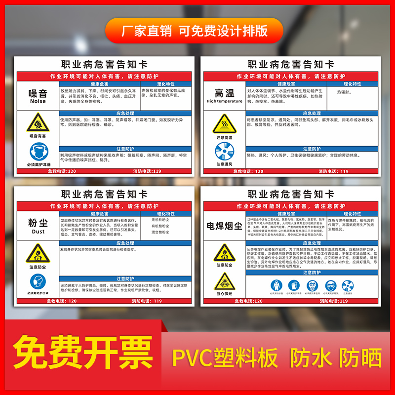 职业病危害告知卡卫生警示危险废物化学岗位风险粉尘噪声噪音高温油漆风险点受限有限空间机械安全标识牌定做