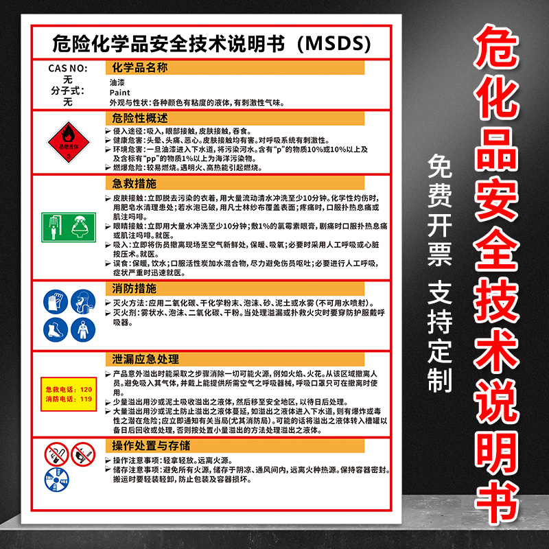危险化学品安全技术说明书msds 油漆氮气硫酸氦气异丁烷周知卡标识牌 工厂仓库车间危化品易燃有毒腐蚀警示牌