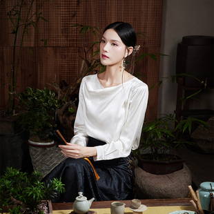 陌遇丨浅予丨小众设计白色垂领桑蚕丝缎面衬衫女夏季质感别致衬衣