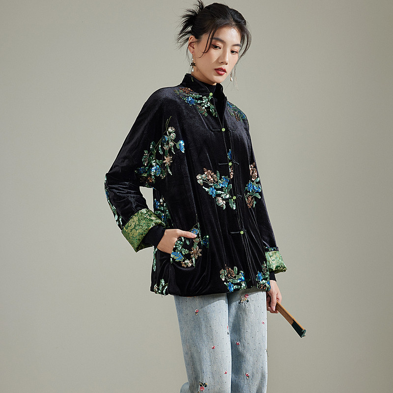 陌遇中国风珠绣丝绒夹棉唐装外套