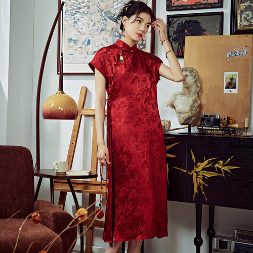 陌遇中国风提花缎红色旗袍连衣裙