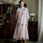 100%真丝刺绣温婉气质大码 新中式 旗袍国风复古连衣裙 樱落 陌遇
