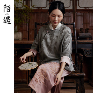 陌遇2025年春季新款中国风改良版侧开襟圆领旗袍唐装上衣气质茶服