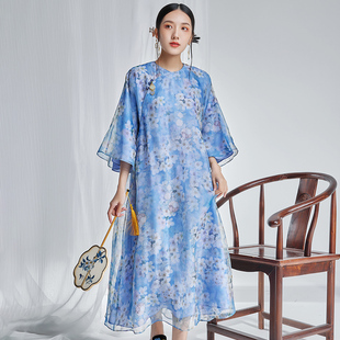 陌遇2025夏季新款复古真丝欧根纱印花日常旗袍大码遮肚茶服连衣裙