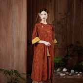 听竹 春季 中国风新款 陌遇 复古改良提花缎圆领大码 旗袍连衣裙