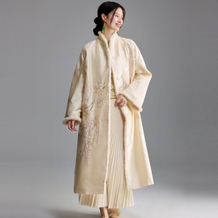 陌遇原创秋冬新款 水貂毛镶边刺绣长款棉衣 新中式优雅气质外套