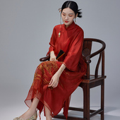 陌遇2025夏季 100%真丝绣花复古禅意宽松旗袍中国风日常连衣裙 新款