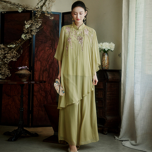 岚烟 气质禅意套装 夏季 100%桑蚕丝刺绣立领上衣新中式 新款 陌遇
