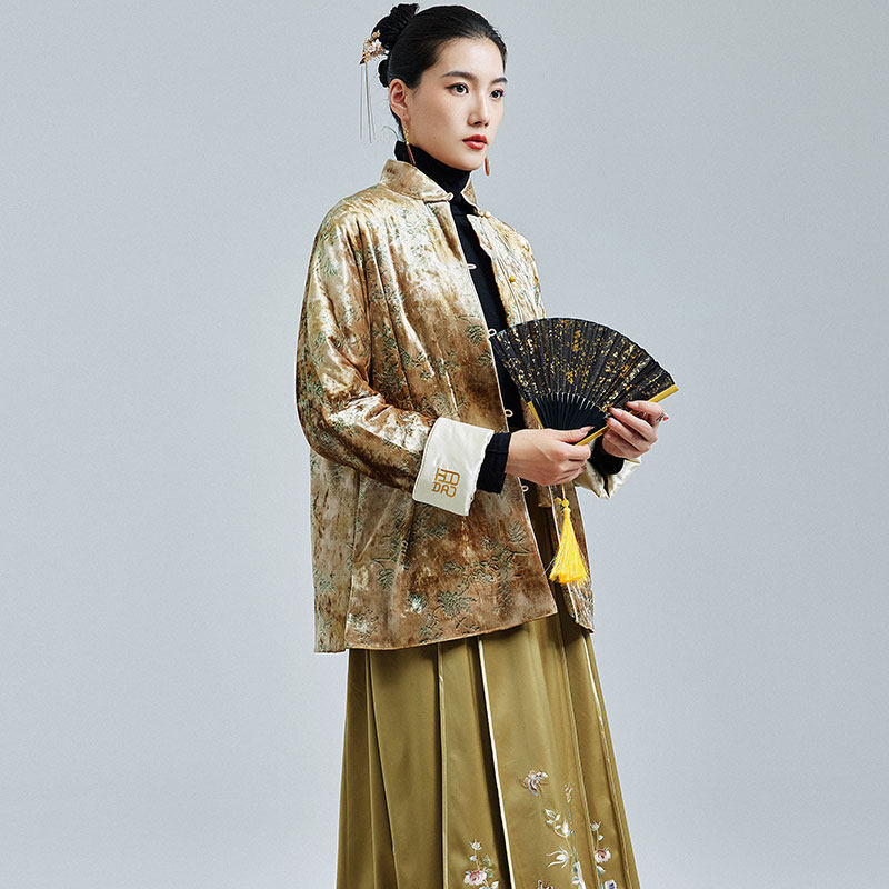 陌遇2025年冬季新款中国风丝绒印花棉衣新中式挽袖唐装上衣外套