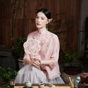 清梦 优雅唐装 夏季 文艺真丝刺绣茶服新中式 上衣 中国风新款 陌遇