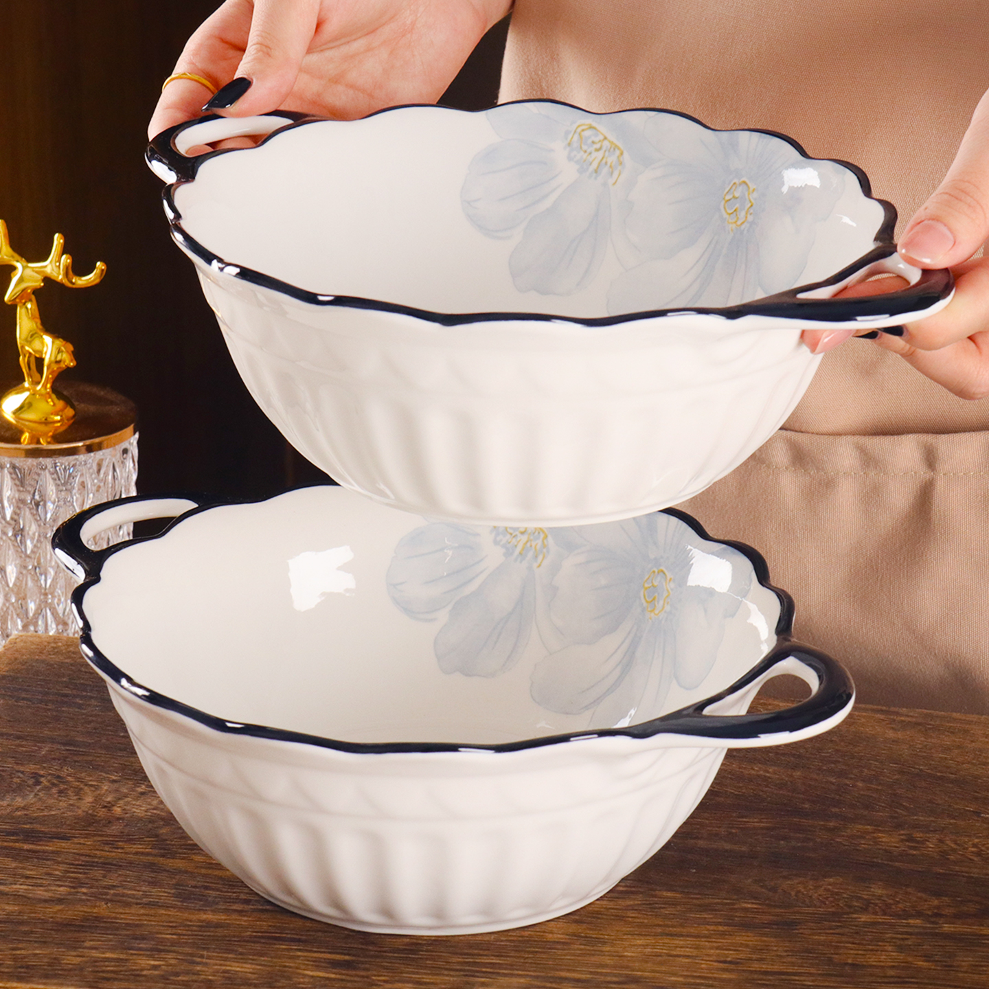 釉下彩ins风高颜值海棠花双耳碗