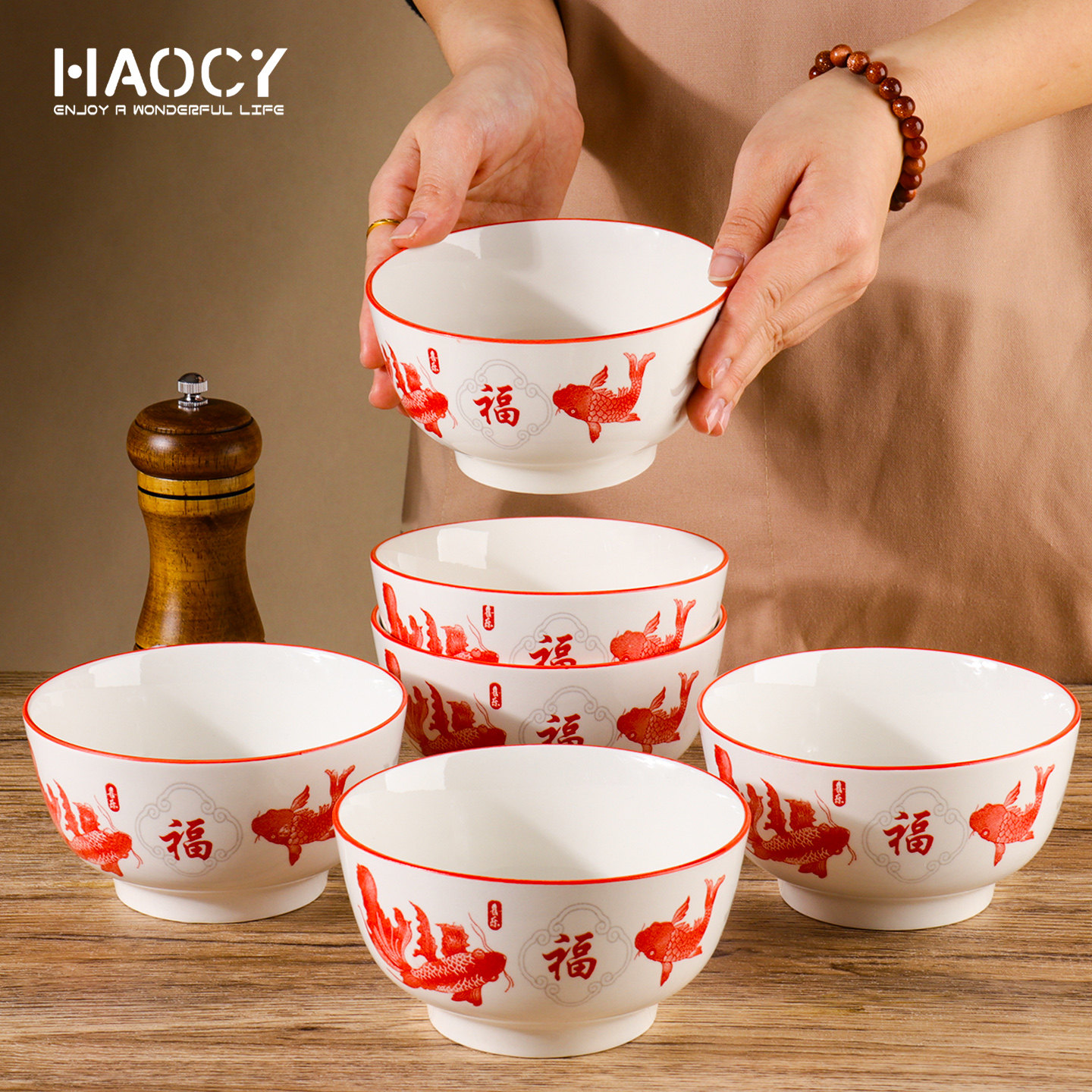 陶瓷米饭碗锦鲤送福家用饭碗中式风格釉下彩小汤碗圆形高级感餐具,餐饮具,碗,淘宝优惠券,粉丝福利购,淘宝优惠卷