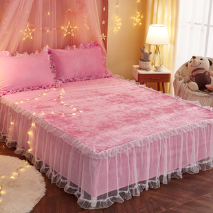 人间皆是浪漫 加厚双面牛奶绒床裙单件唯美白纱席梦思床罩三件套