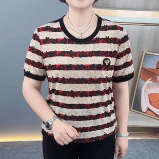 上衣 新款 中年妈妈宽松高档小衫 女士短袖 t恤条纹显瘦洋气女士大码
