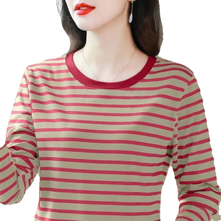 秋衣女薄款打底衫中老年妈妈长袖T恤女新款条纹上衣大码洋气小衫