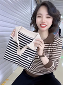 t恤女上衣中年妈妈秋装 2023新款 洋气大码 翻领条纹长袖 减龄POLO衫