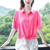 棉麻衬衫 女短袖 洋气宽松显瘦短款 2025春夏新款 上衣妈妈遮肚子小衫