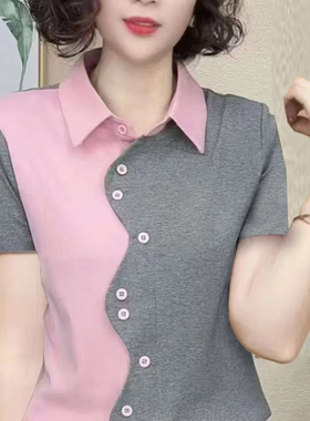 中年妈妈夏装翻领短袖t恤女士洋气拼接设计感上衣宽松大码polo衫